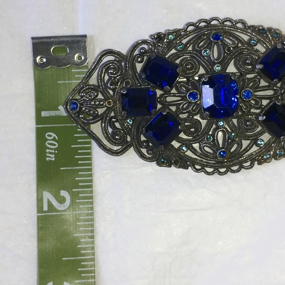 HUGE ART DECO STYLE FILIGREE PIN - ROYAL BLUE GLASS STONES - OVER 3" WIDE - Picture 7 of 8